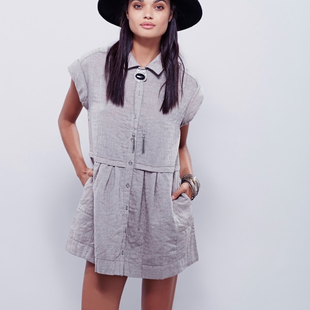 Casual Button-Front Short Sleeve Tunic Dress in Light Gray